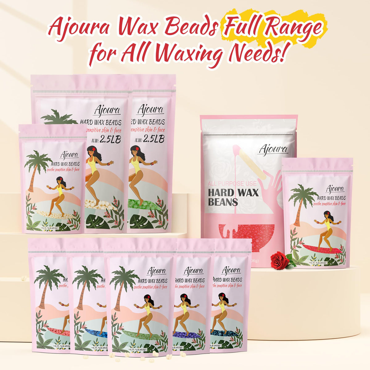 Ajoura hard wax beads displayed with waxing tools