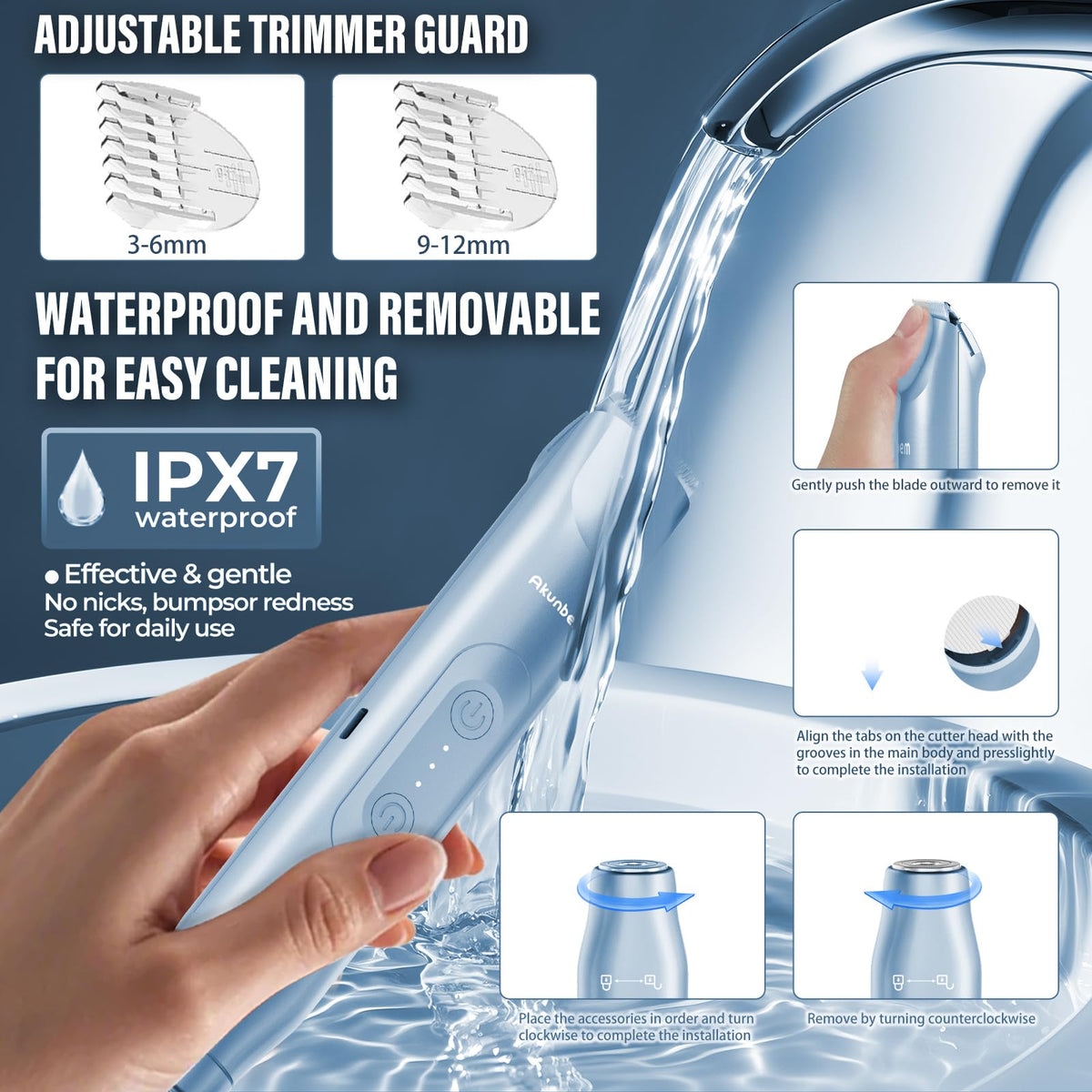 Akunbem Bikini Trimmer showing waterproof feature