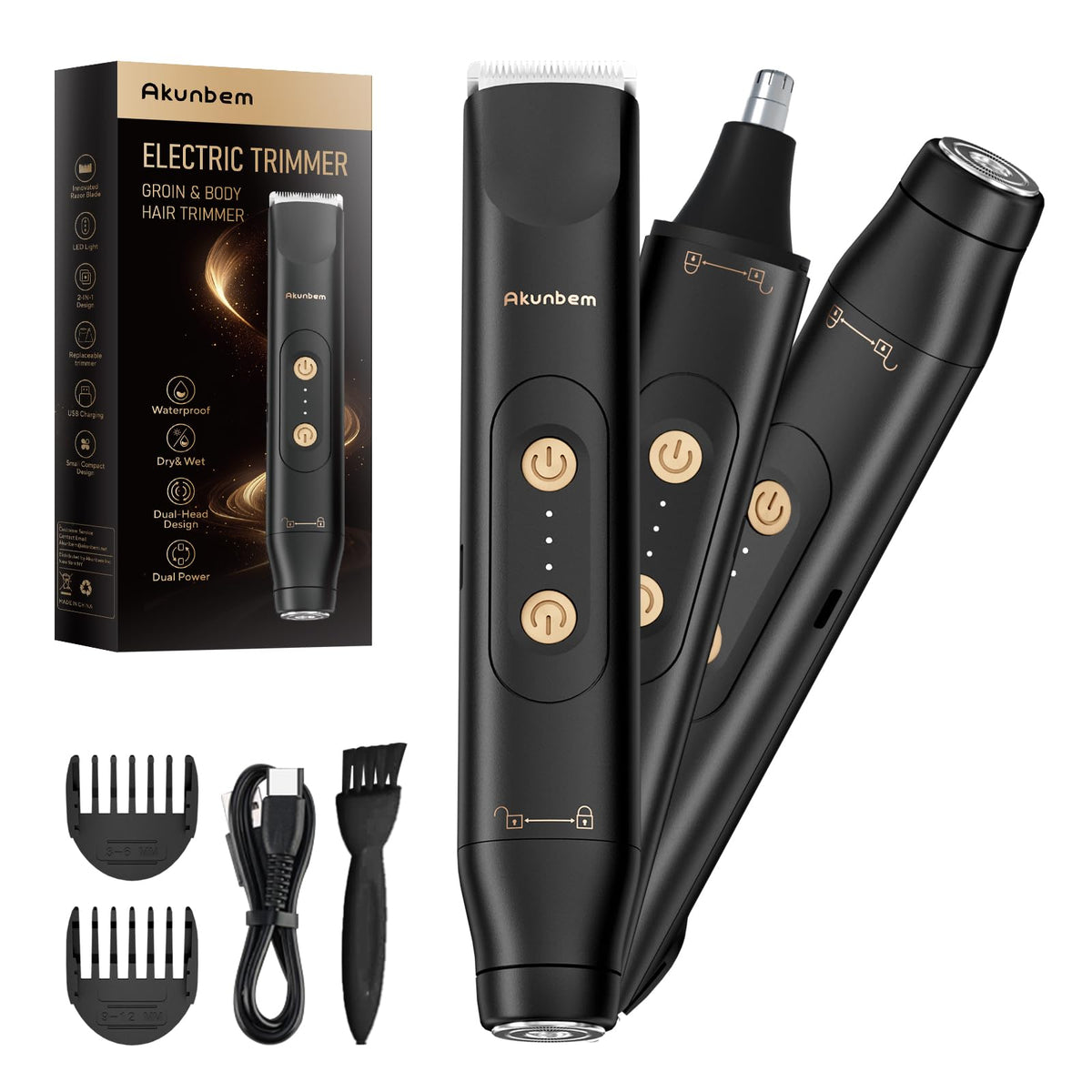 Akunbem Groin & Body Hair Trimmer front view with dual head design