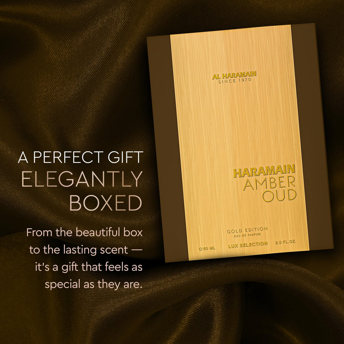Al Haramain Amber Oud Gold Edition 60ml bottle on a wooden table