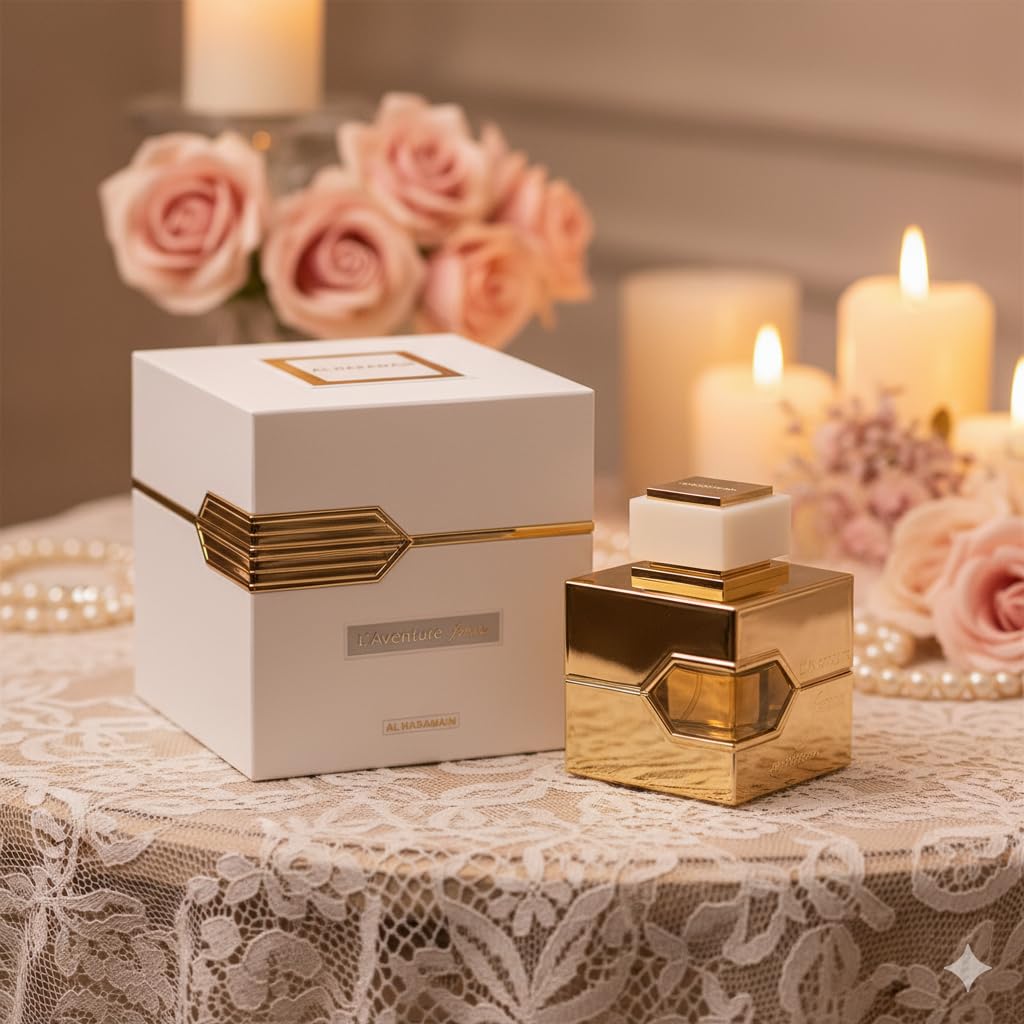 Al Haramain L'aventure Eau De Parfum Spray on a vanity table
