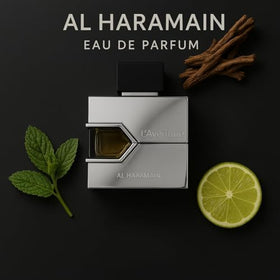 Al Haramain L'aventure Eau De Parfum Spray on a wooden table