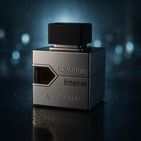 Al Haramain L'Aventure Intense Eau de Parfum on a wooden table