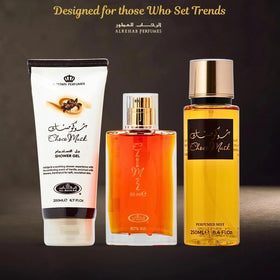 Al-Rehab Choco Musk 3-Piece Gift Set displayed on a table