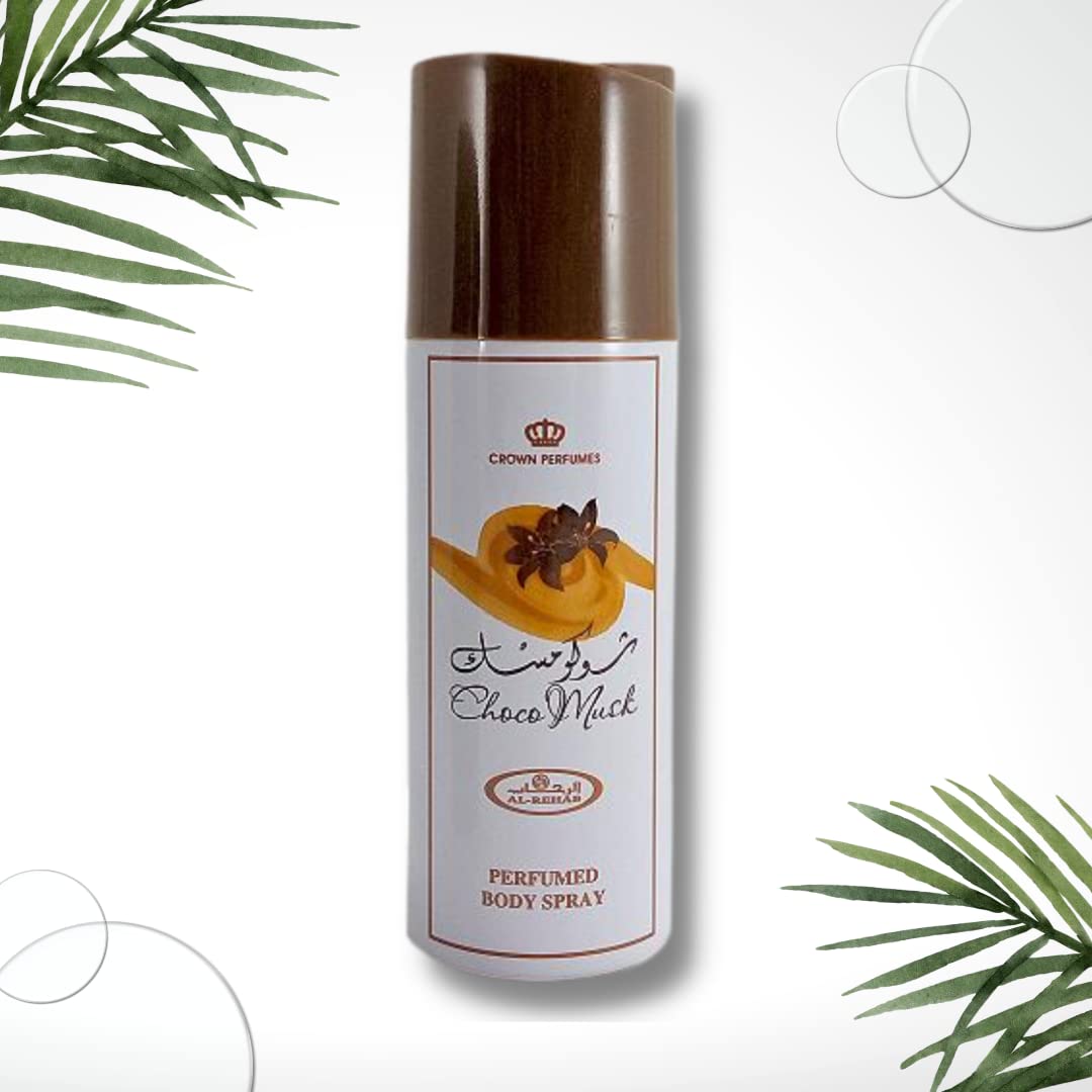 Al-Rehab Choco Musk Body Spray 200 ML back view showcasing ingredients