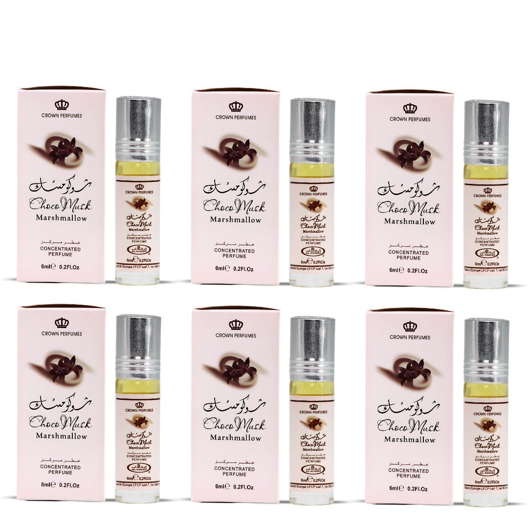 Al-Rehab Choco Musk Marshmallow Perfume Oil 6ml with floral background