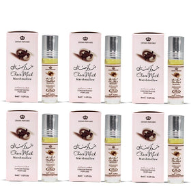 Al-Rehab Choco Musk Marshmallow Perfume Oil 6ml with floral background
