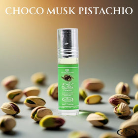Al-Rehab Choco Musk Pistachio Perfume Oil Roll-On 6ml on a vanity