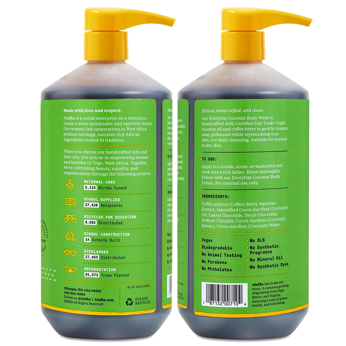 Alaffia Everyday Coconut Body Wash 2-Pack side view with labels