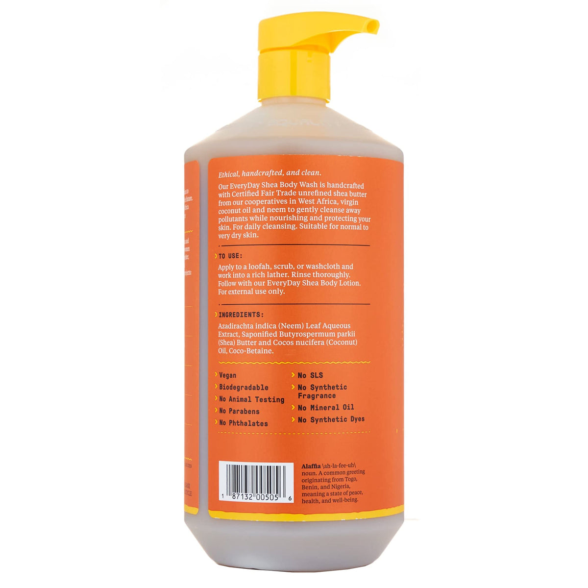 Alaffia EveryDay Shea Body Wash back view with ingredients listed
