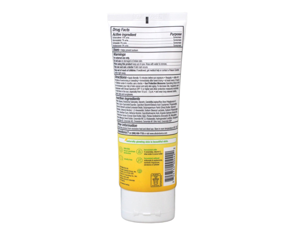 Alba Botanica Hydrating Sunscreen Lotion SPF 50 back view with ingredients