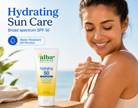 Alba Botanica Hydrating Sunscreen Lotion SPF 50 side view showing tube size