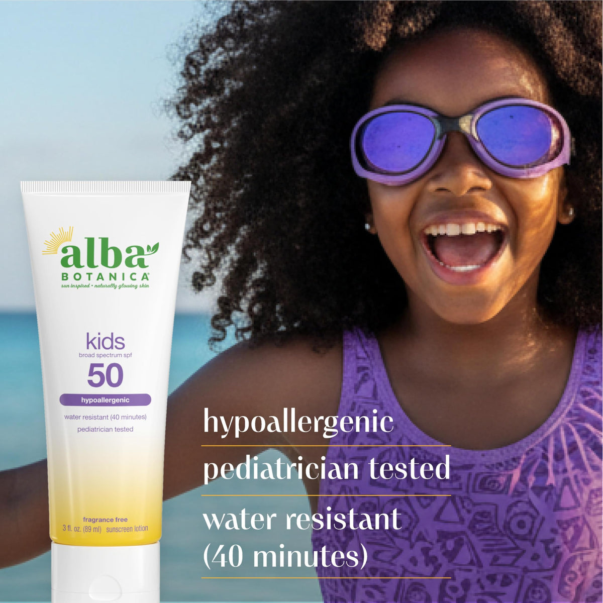 Alba Botanica Kids Sunscreen Lotion SPF 50 on beach towel
