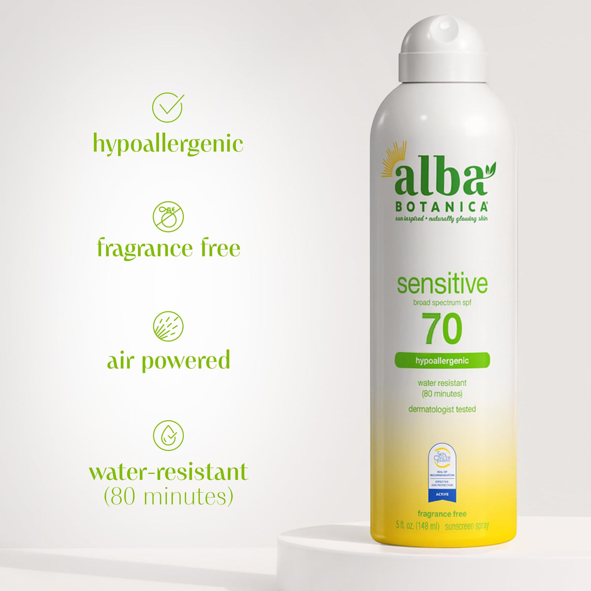 Alba Botanica Sensitive Sunscreen Spray SPF 70 in outdoor setting