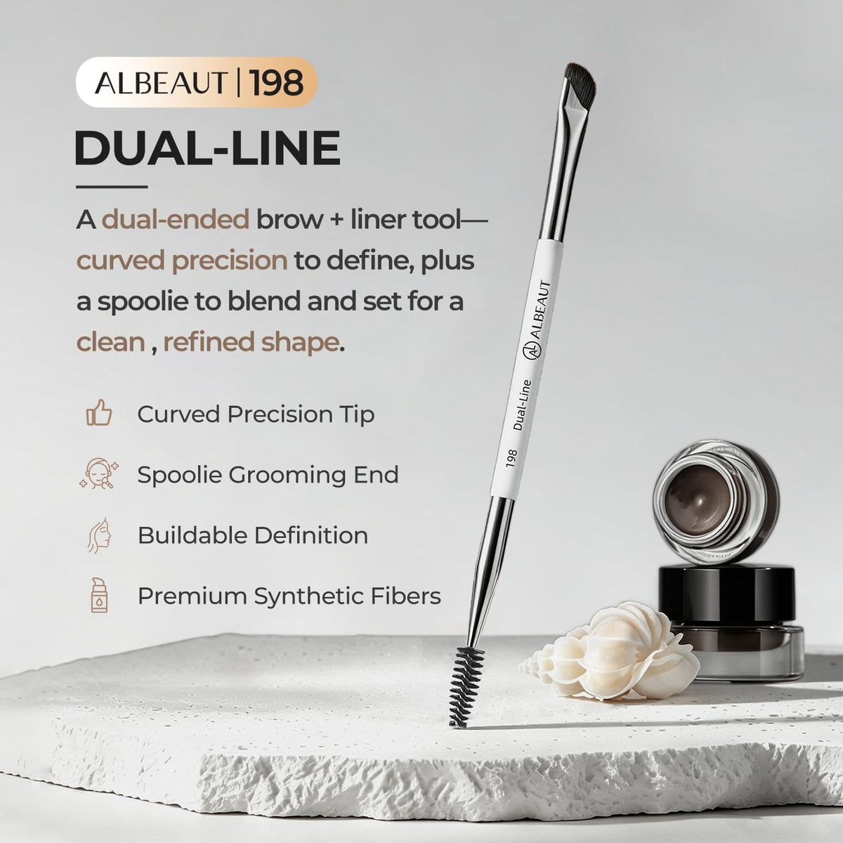 ALBEAUT Dual-Ended Eyeliner Brush & Brow Brush angled tip close-up
