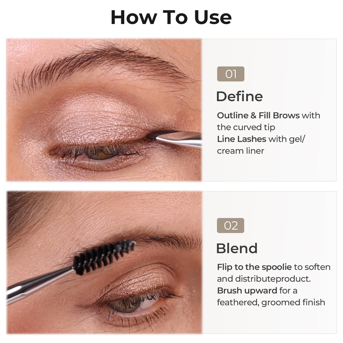 ALBEAUT Dual-Ended Eyeliner Brush & Brow Brush with makeup products