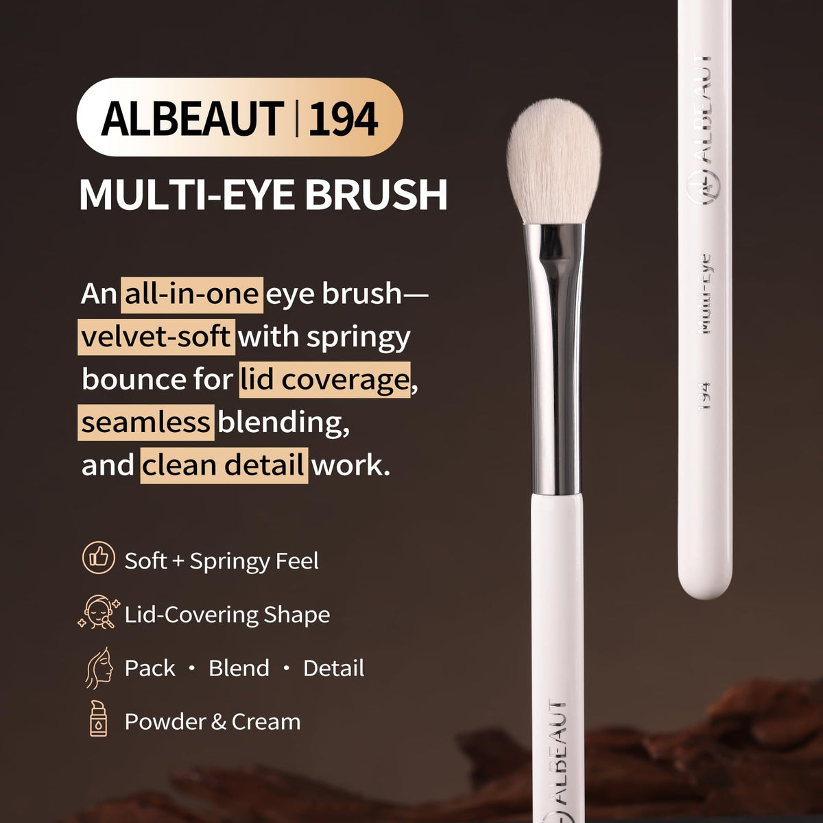 ALBEAUT Eyeshadow Brush showing the lid-covering profile for base application