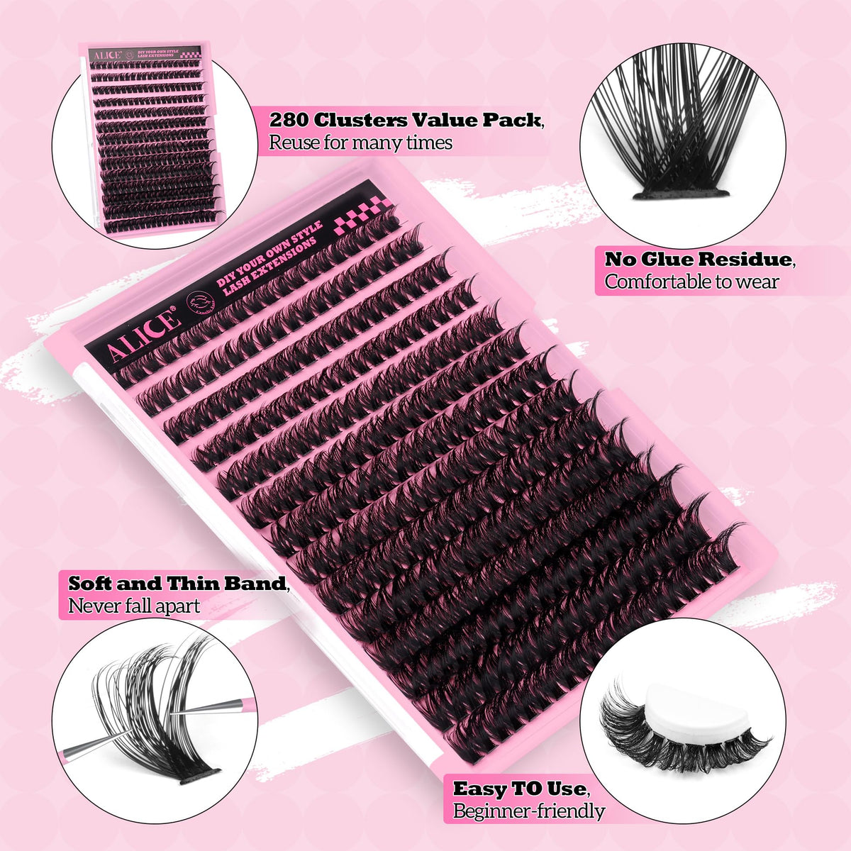 ALICE 280Pcs Wispy Individual Lashes displayed on a makeup table