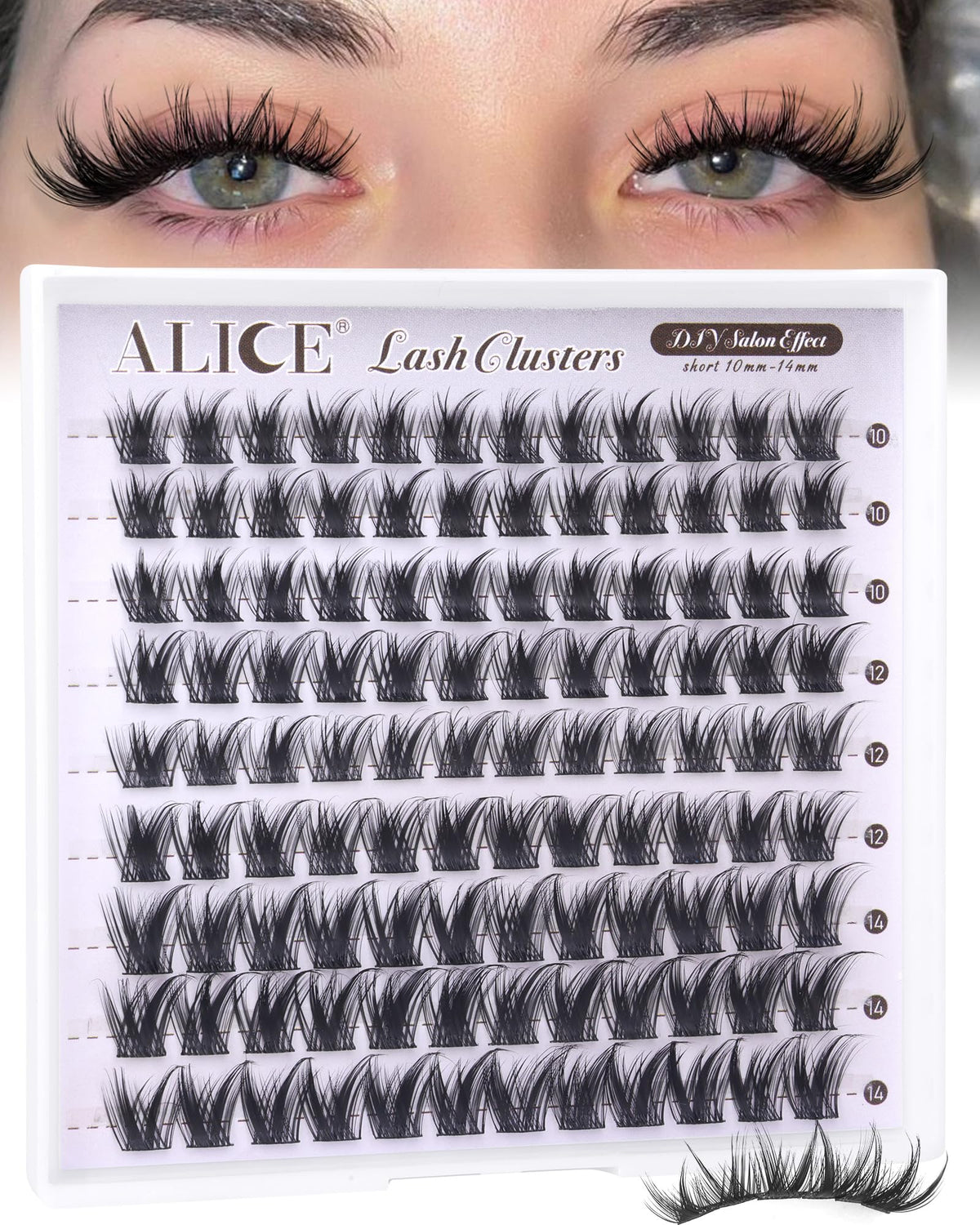 ALICE Lash Clusters front view showcasing 10-14mm length