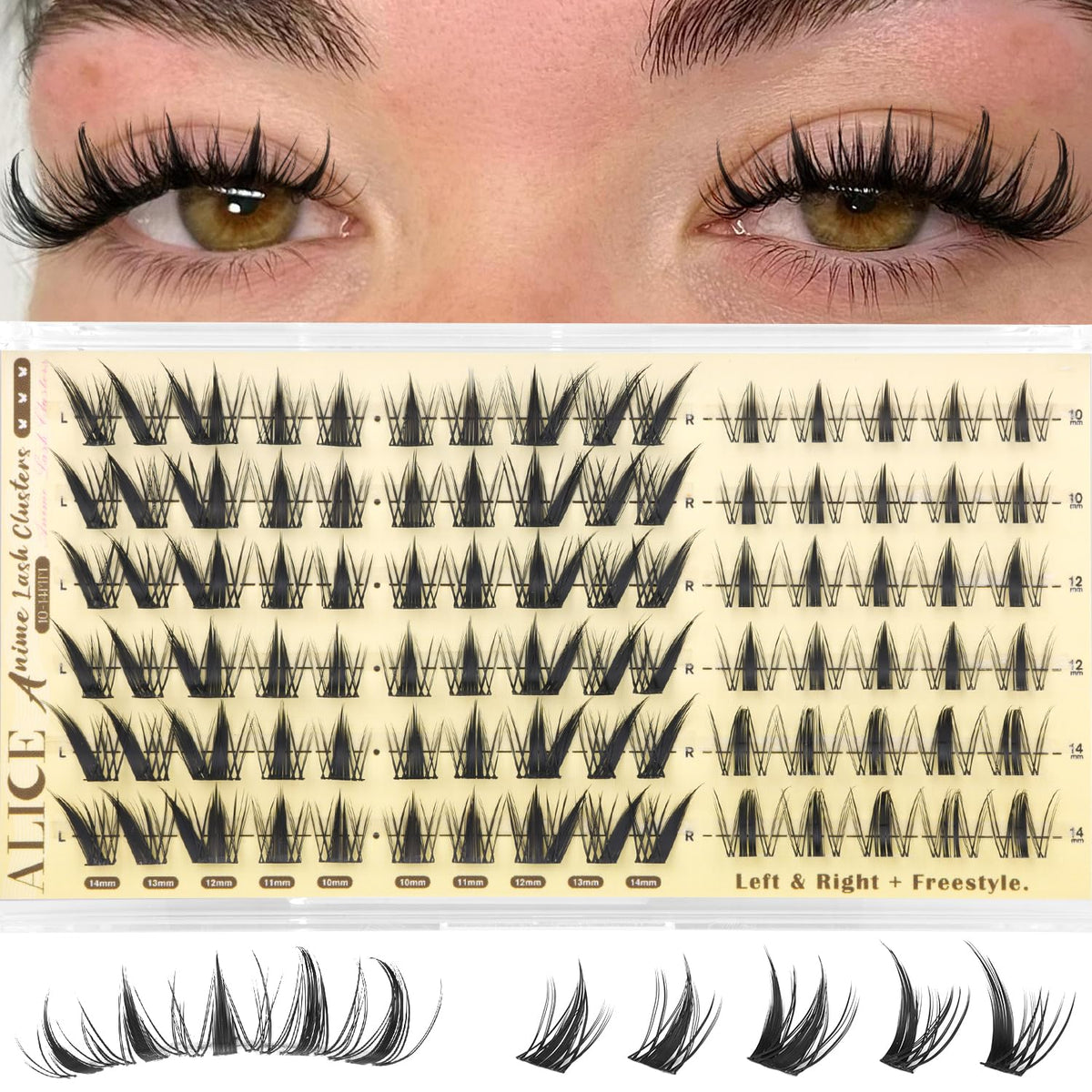 ALICE Lash Clusters front view with 10-14mm lengths