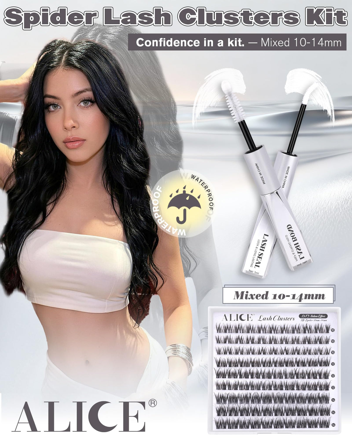 ALICE Lash Kit with clear bond adhesive applied to lashes