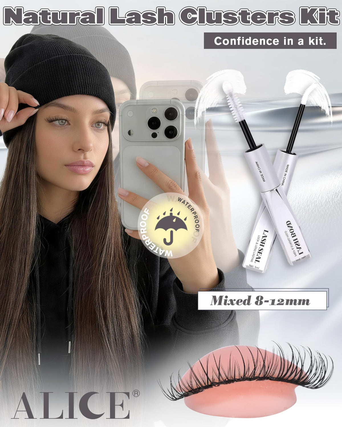 ALICE Short Lash Clusters Kit packaging with clear-dry glue