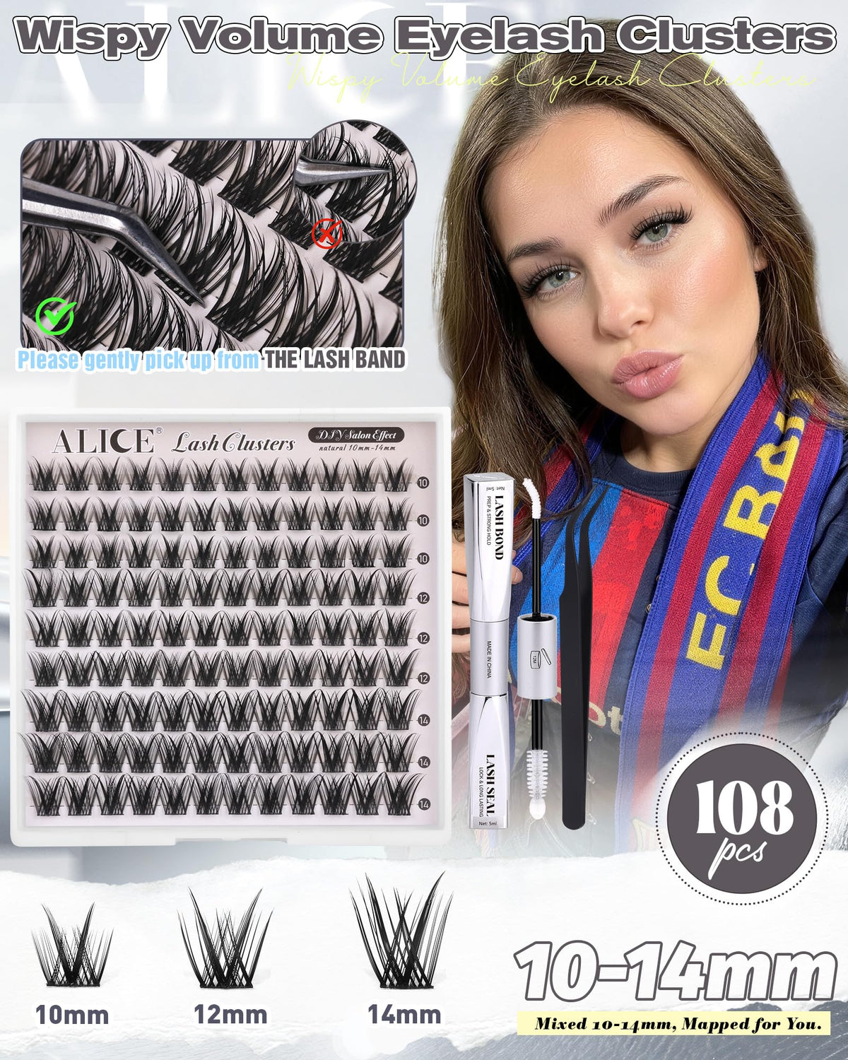 ALICE Wispy Lash Clusters Kit showing graduated lengths