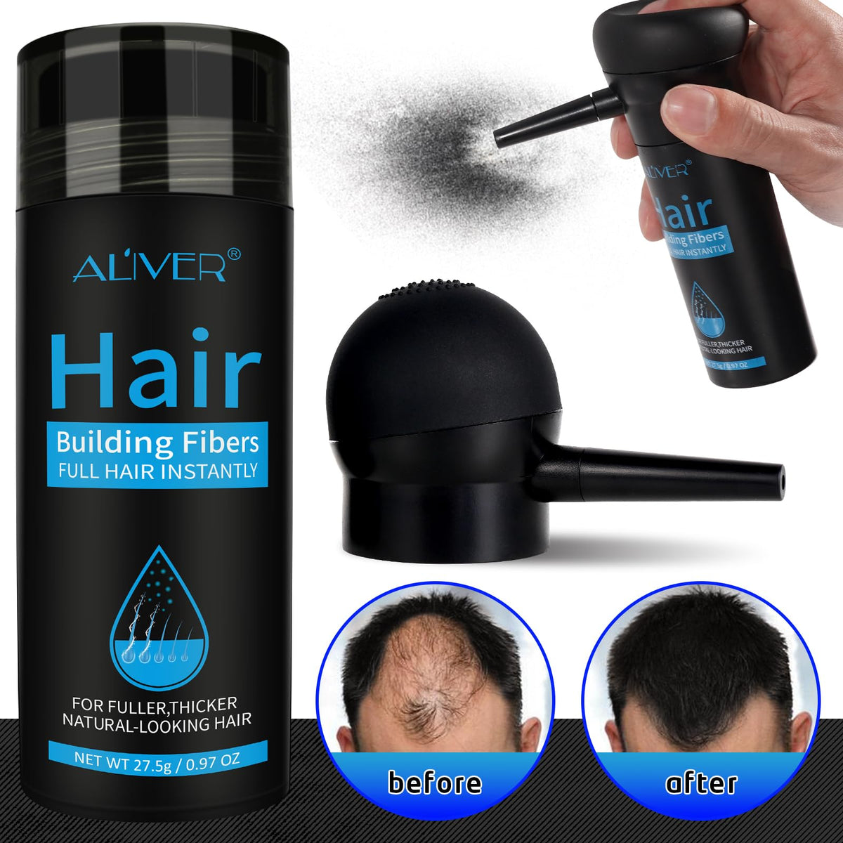 ALIVER Hair Fibers black powder side view