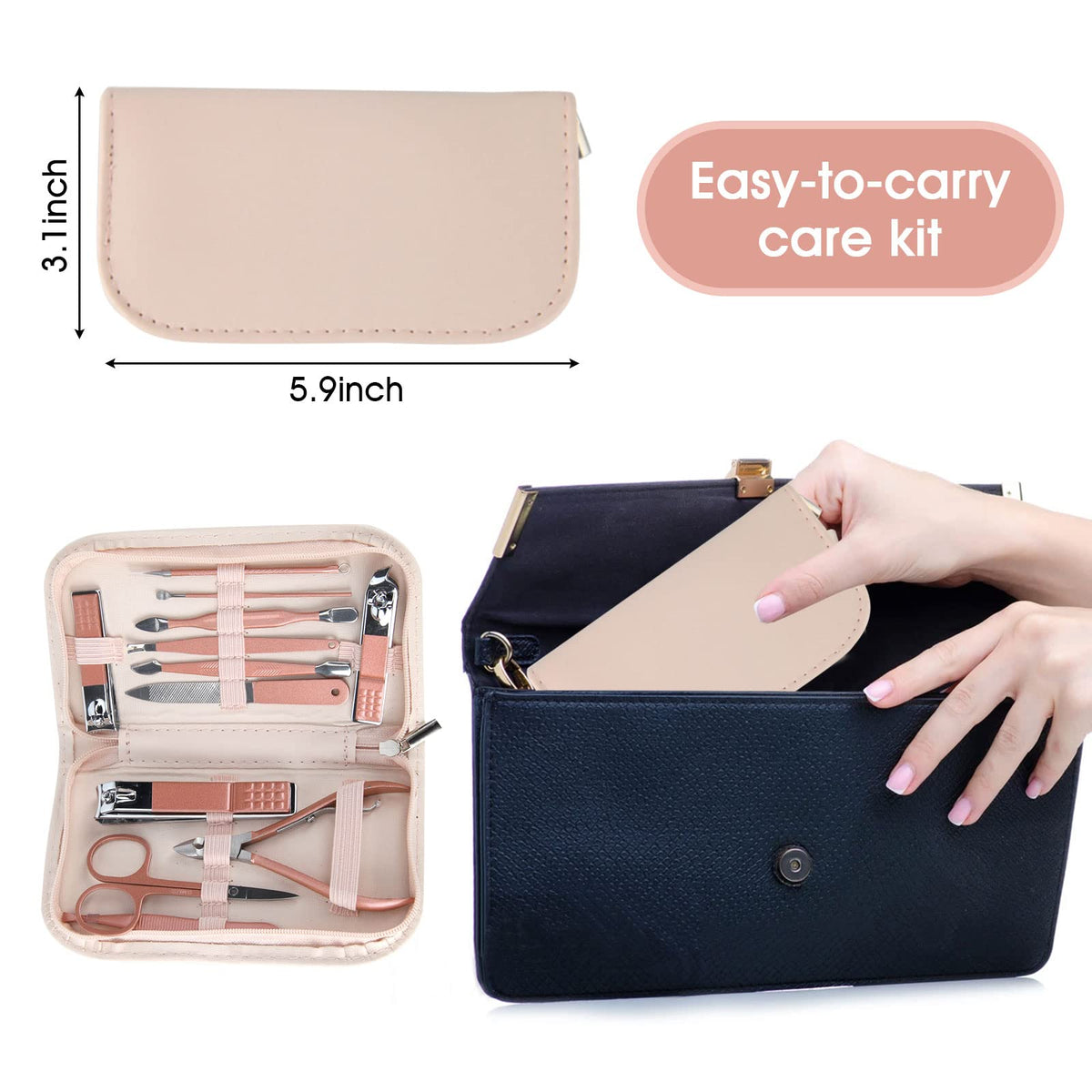 All 12 tools displayed from the rose gold manicure set
