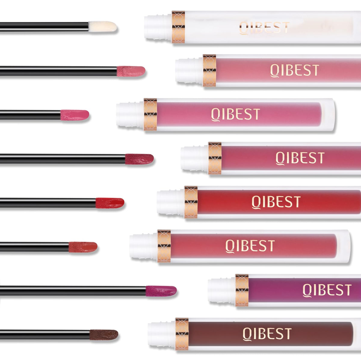 All 8 QiBest lipsticks arranged in a row