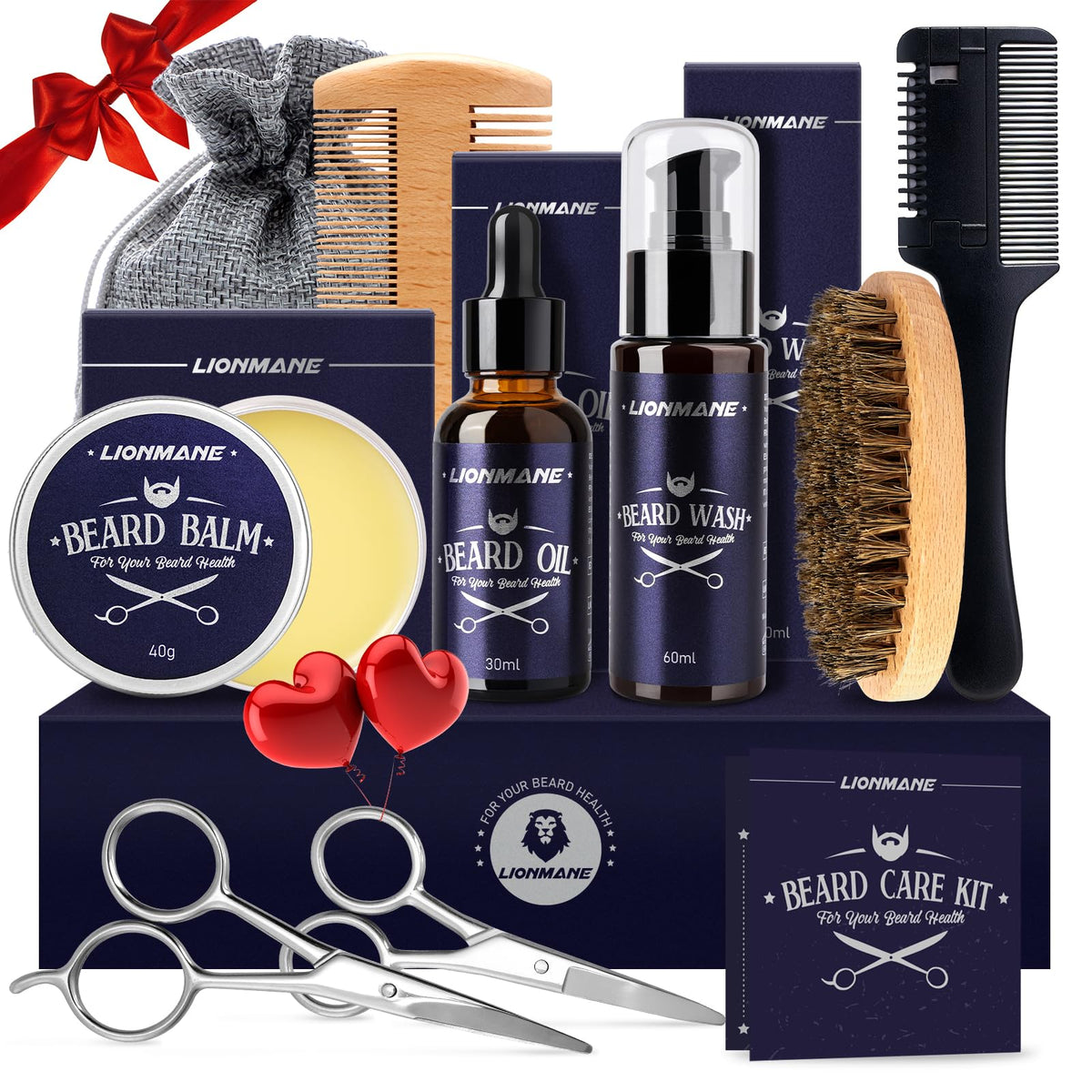 All components of Lionmane Beard Care Kit displayed together