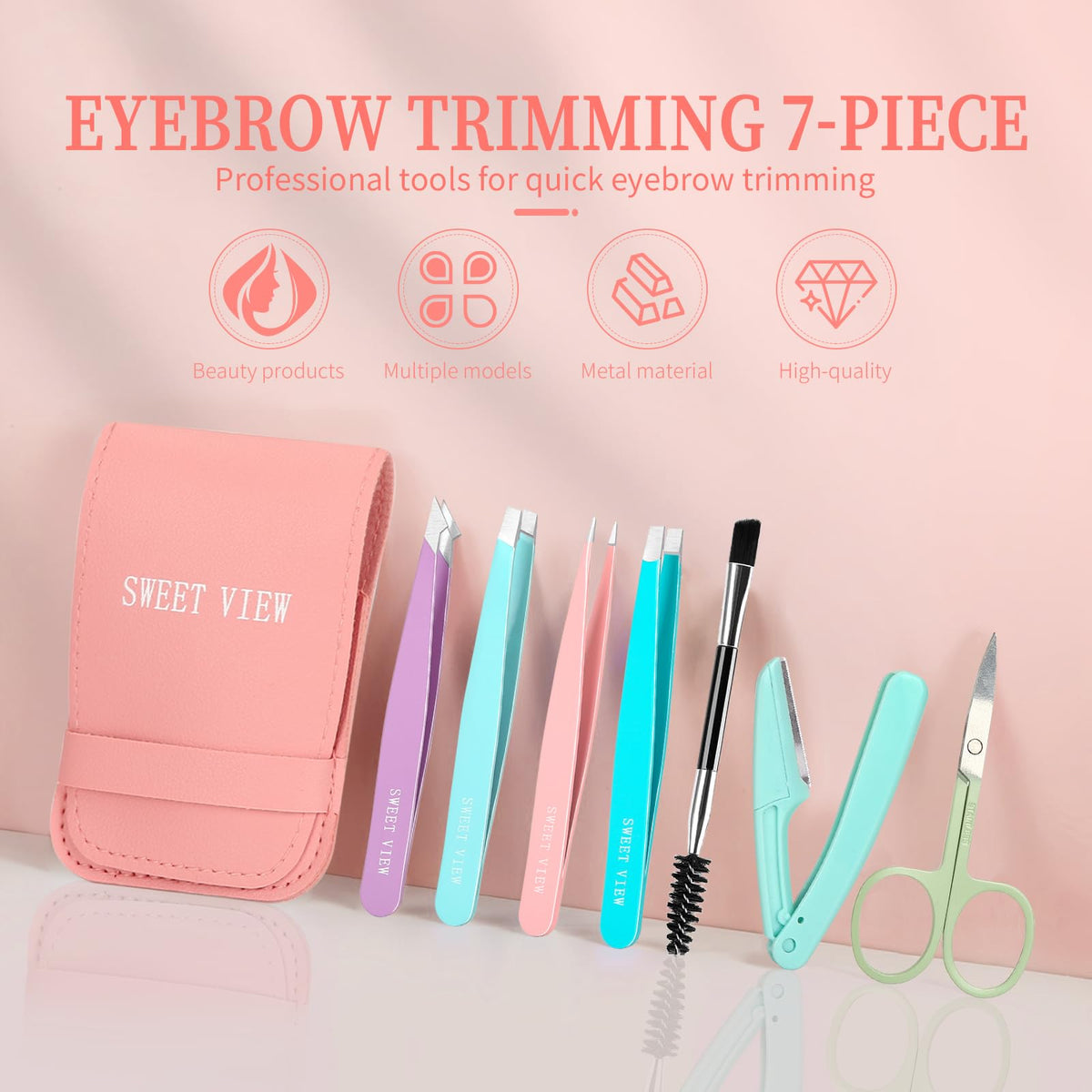 All components of SWEET VIEW 7PCS Tweezers Kit displayed