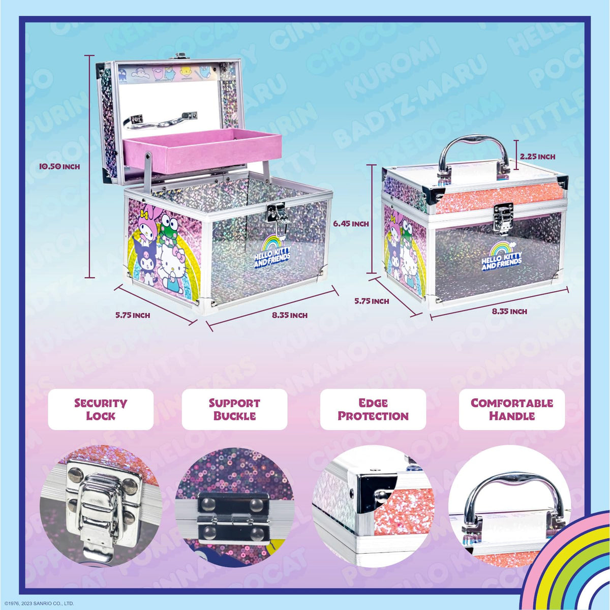All components of the Hello Kitty Train Case Beauty Set displayed