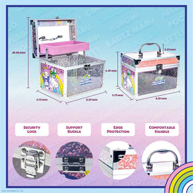 All components of the Hello Kitty Train Case Beauty Set displayed