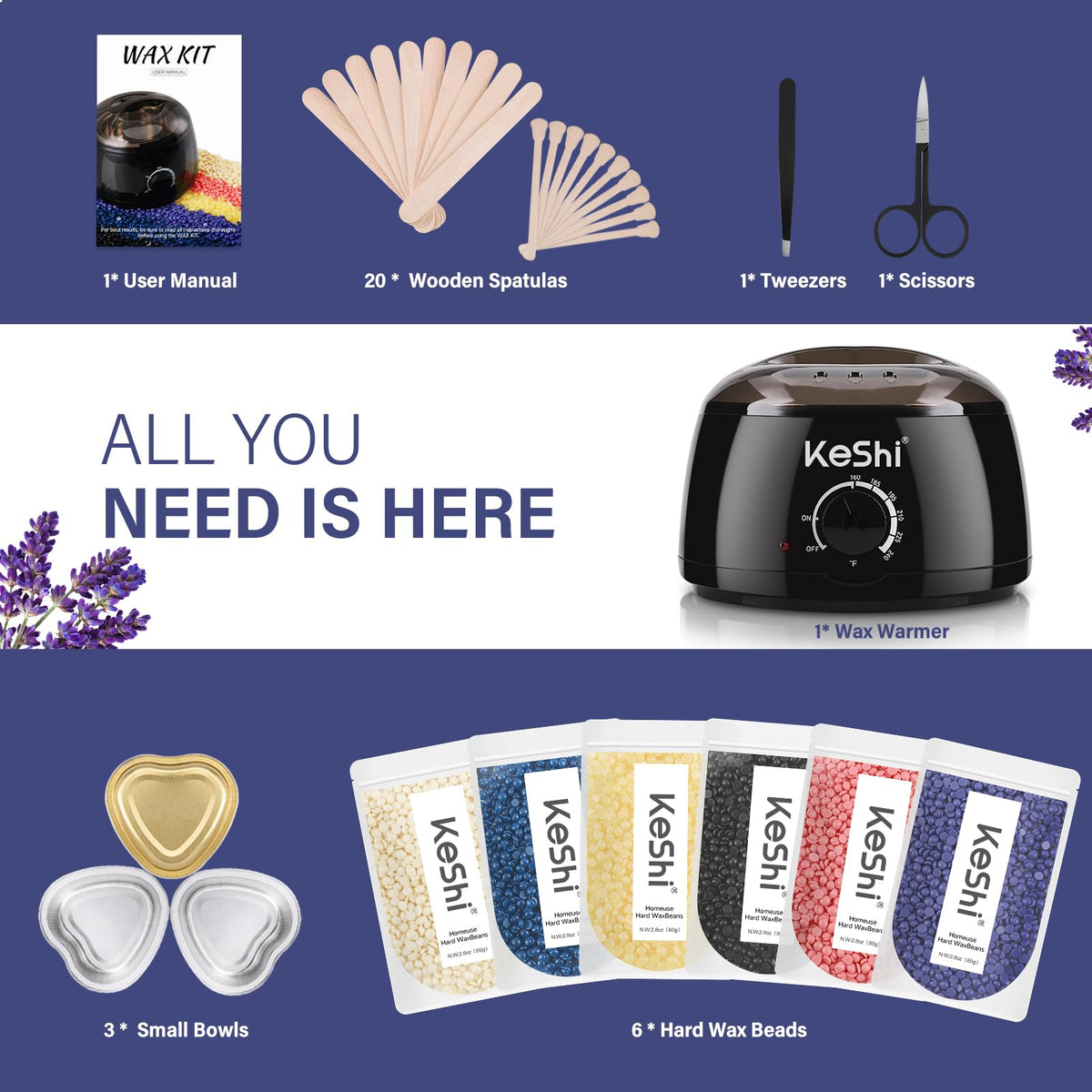 All components of the KeShi waxing kit displayed together