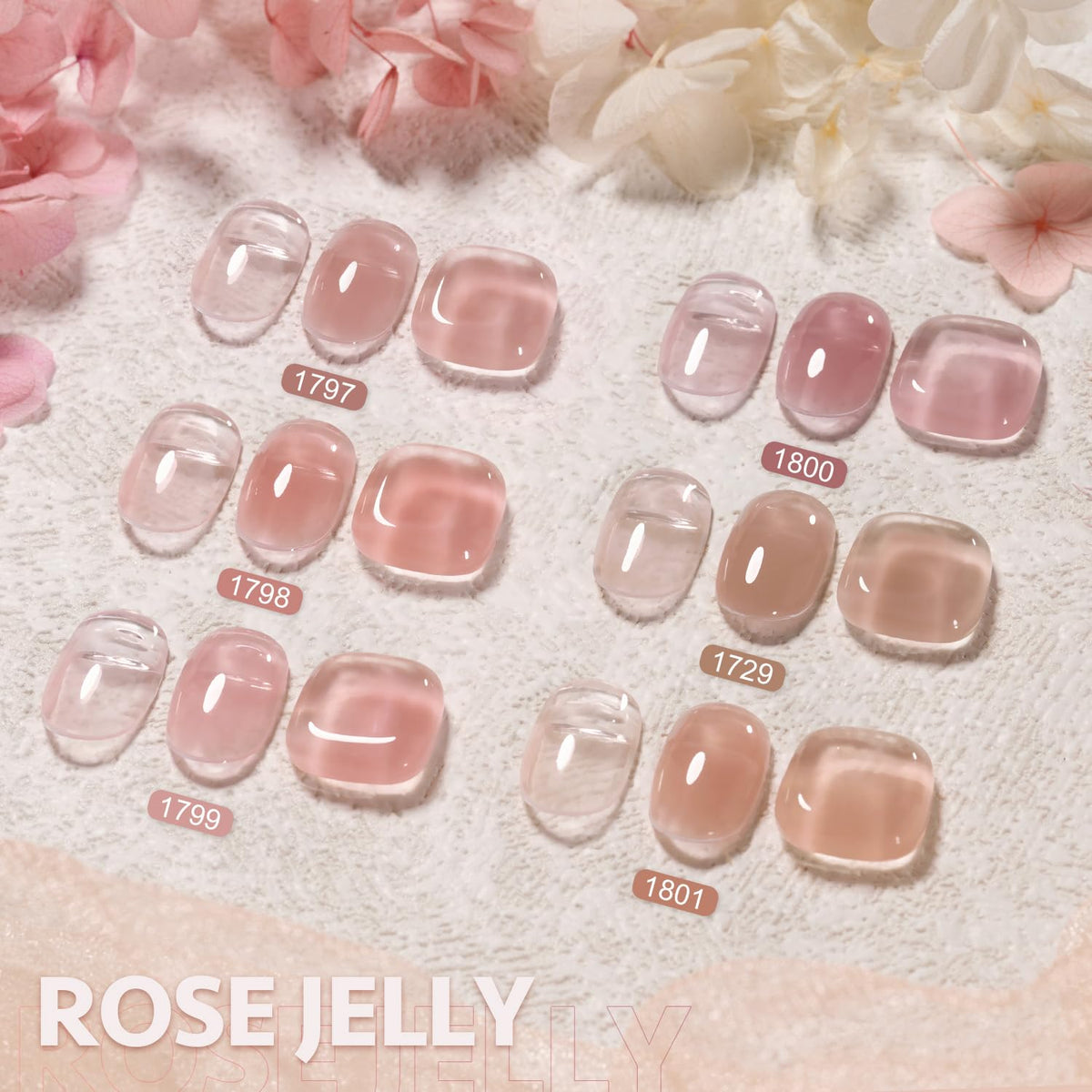 All six shades of GAOY builder gel arranged on a table