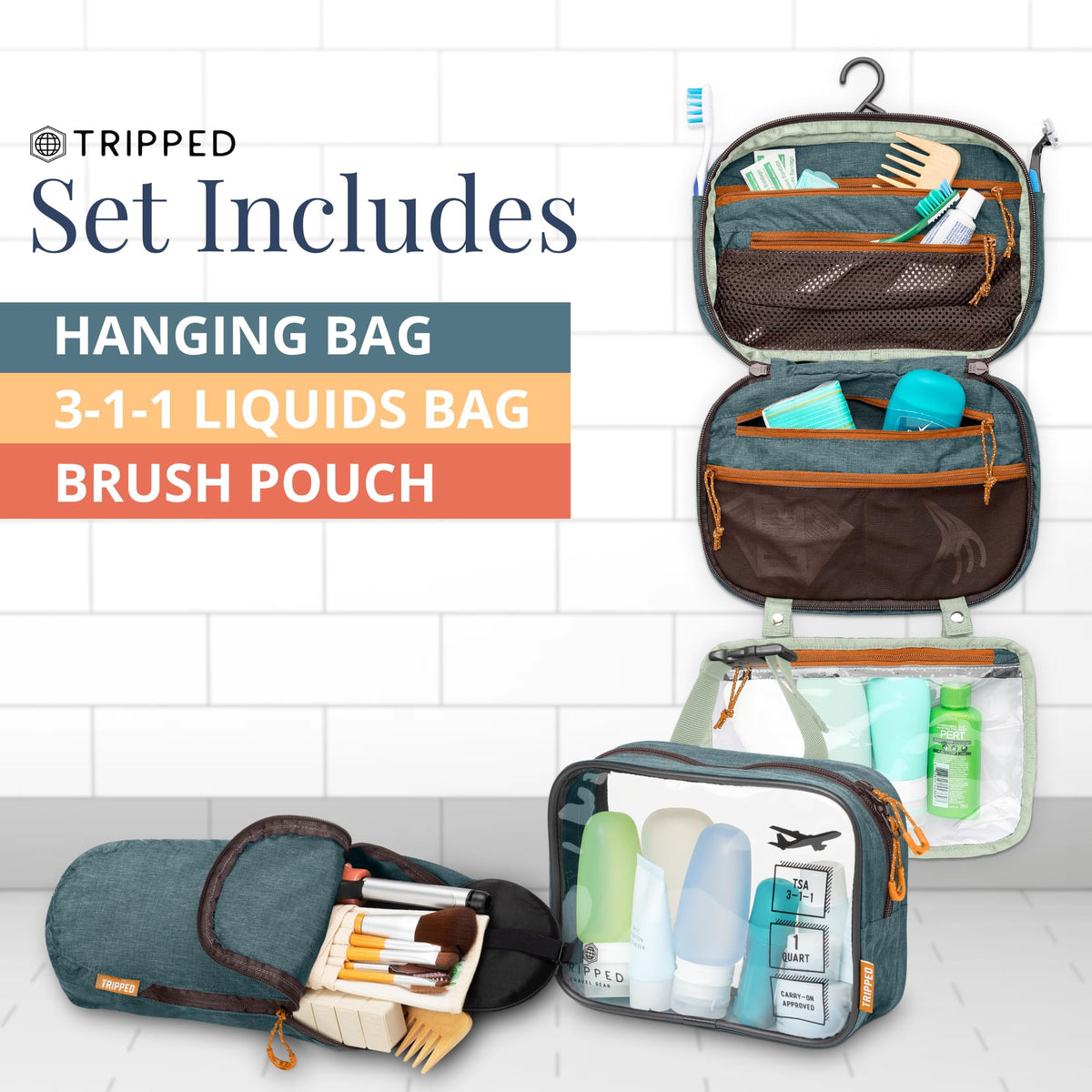 All three pieces of the Toiletry Bag Kit Set displayed together