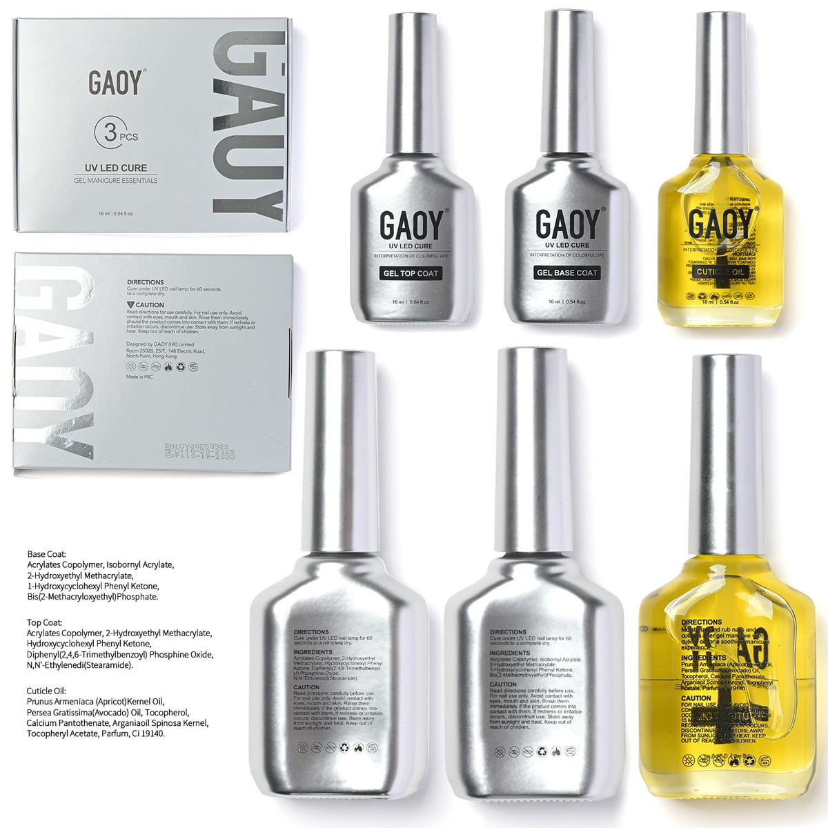 All three products from GAOY Gel Top Coat Set displayed together