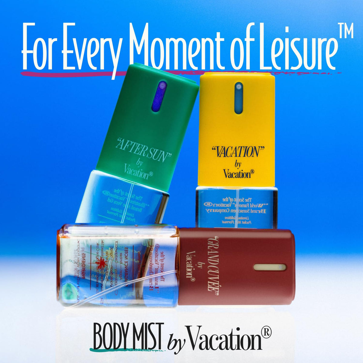 All three VACATION Body Mist bottles arranged together