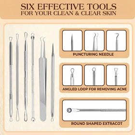 All tools from DERMATED 6 Pcs Pimple Popper Tool Kit arranged neatly