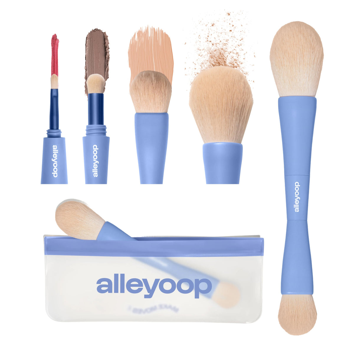 ALLEYOOP 4-in-1 Makeup Brush Set front view with all brushes visible