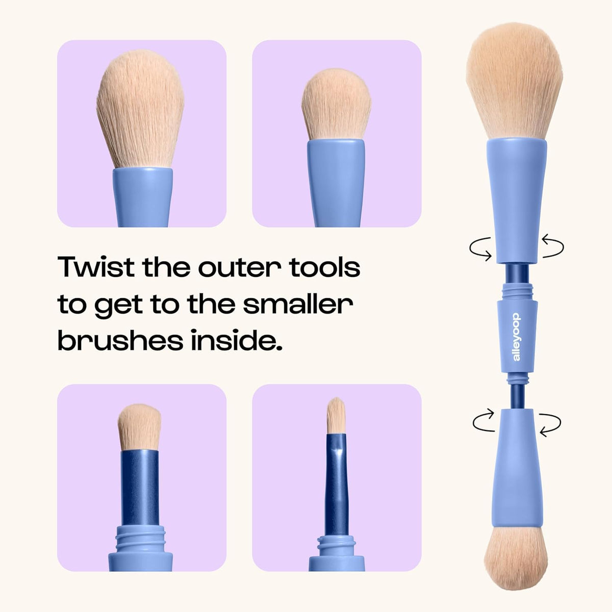 ALLEYOOP 4-in-1 Makeup Brush Set showing individual brush heads