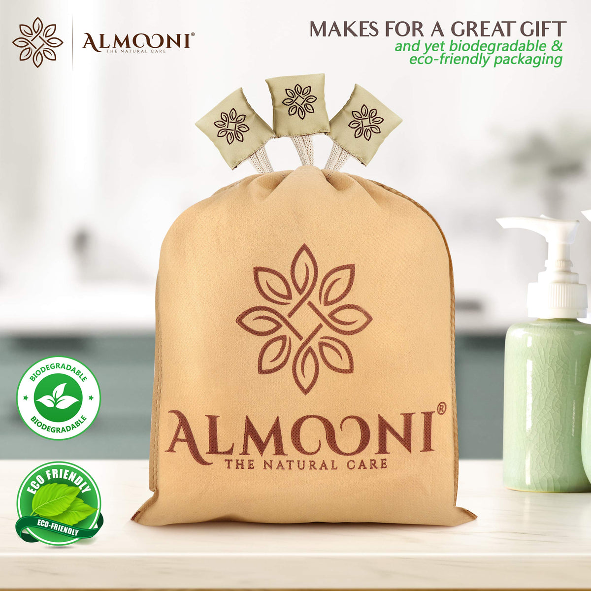 ALMOONI loofah sponges displayed in a bathroom setting