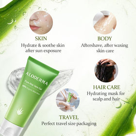 Aloderma Aloe Vera Gel 1.5oz travel size tube on a beach