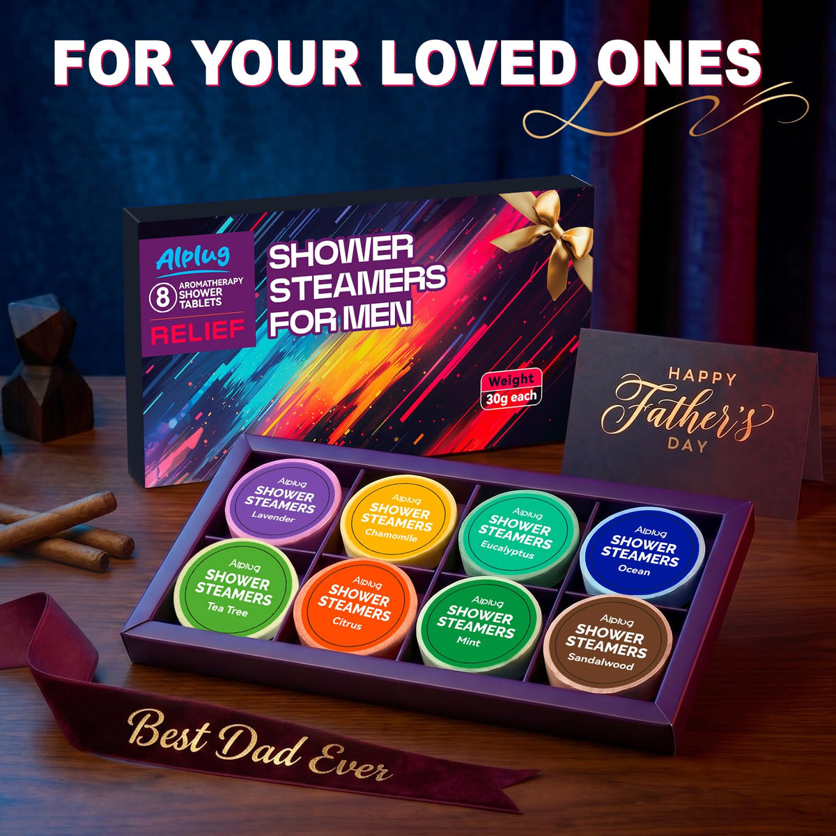 ALPLUG Shower Steamers with various scents arranged