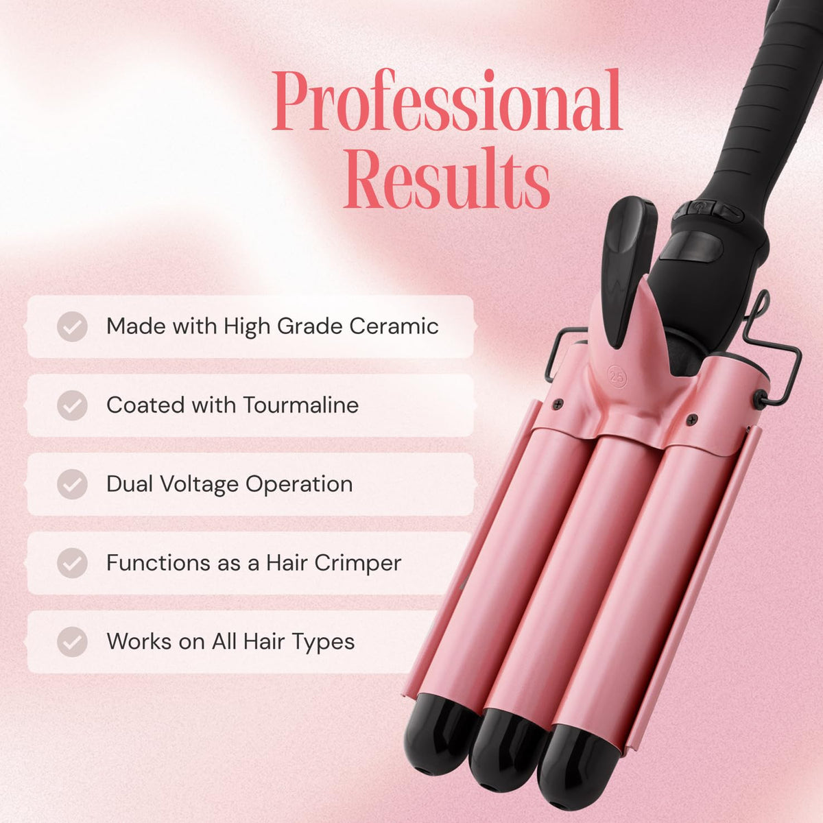 Alure Three Barrel Curling Iron Wand lifestyle scene with styled hair