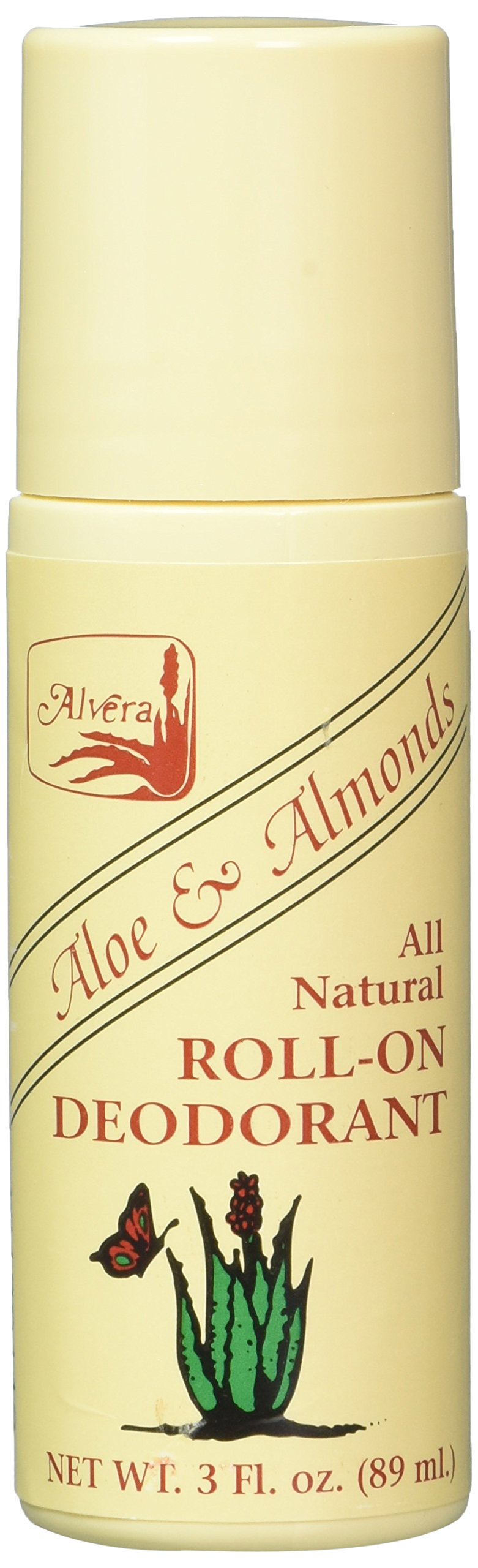 Alvera Aloe and Almonds Roll-On Deodorant front view with packaging