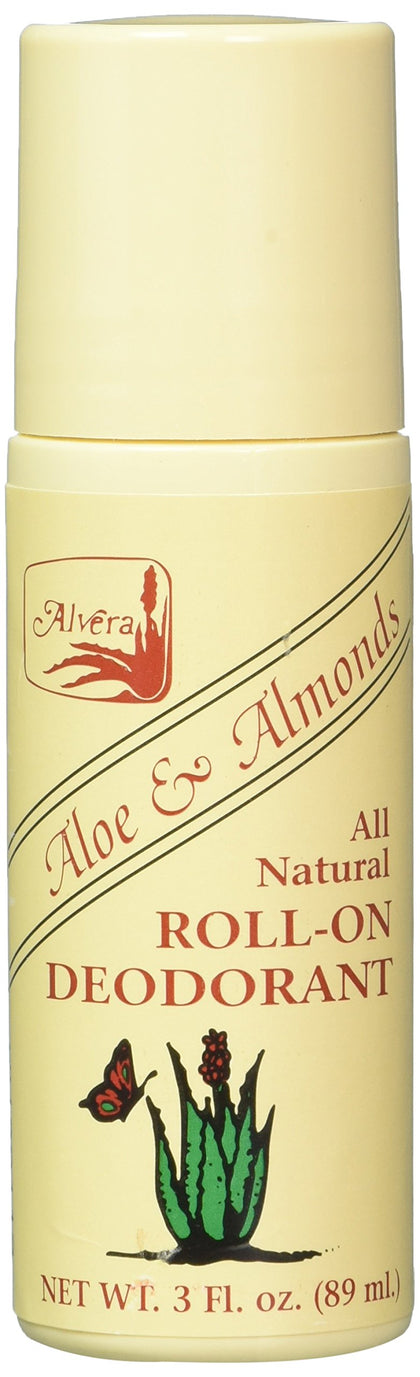 Alvera Aloe and Almonds Roll-On Deodorant front view with packaging