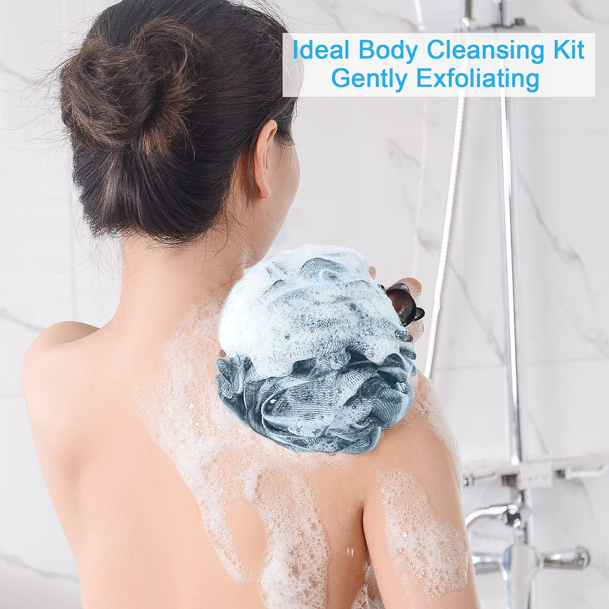 AmazerBath loofah sponge demonstrating rich lather with body wash
