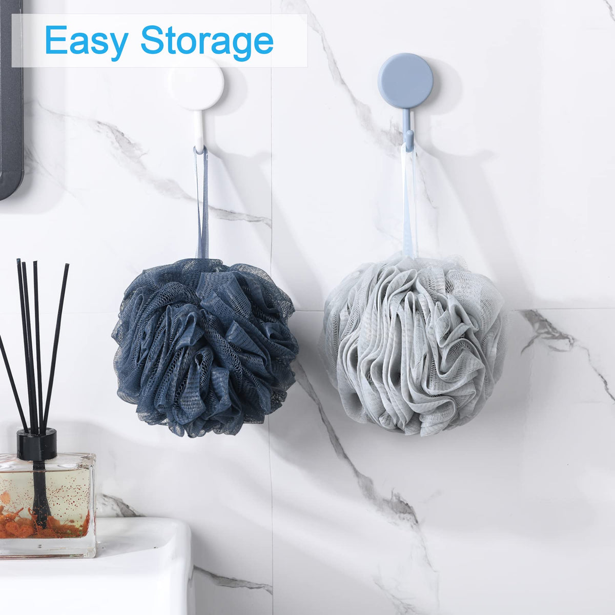 AmazerBath loofah sponge set in grey, blue, pink, and white with packaging